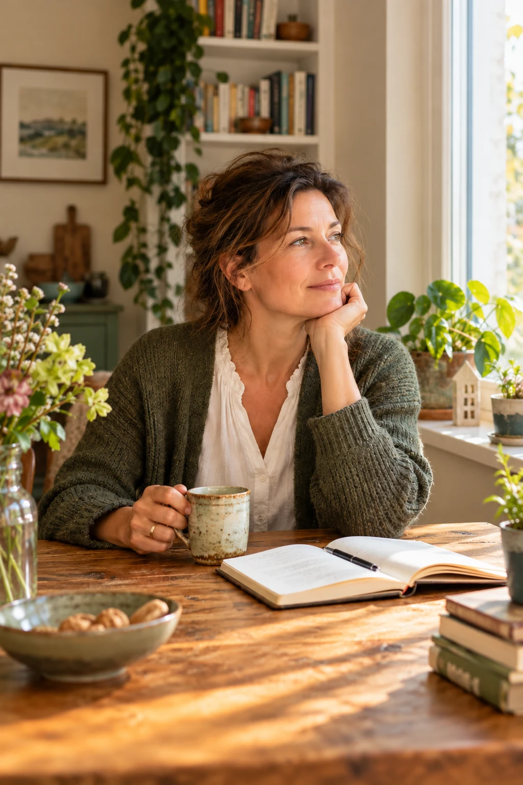 Een vrouw neemt thuis rustig de tijd met een notitieboek en een kop thee bij het raam